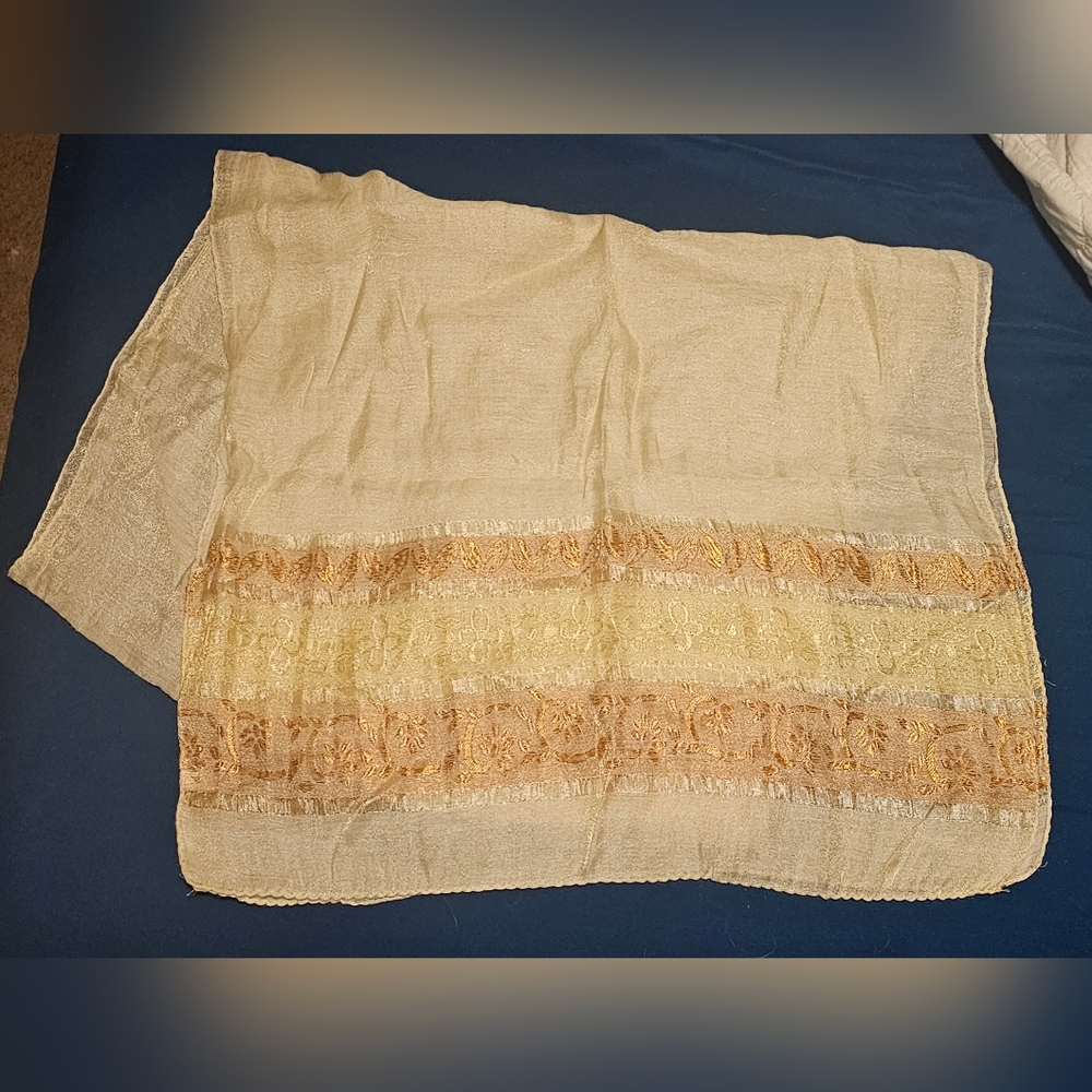 Delicate Light Cream Shawl with Gold Embroidered Trim